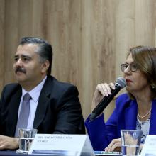 Doctora María Esther Avelar, haciendo uso de la voz durante la rueda de prensa 