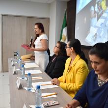 Maestra Ana Irene Ramírez González haciendo uso de la voz en representación de los coordinadores de carrera